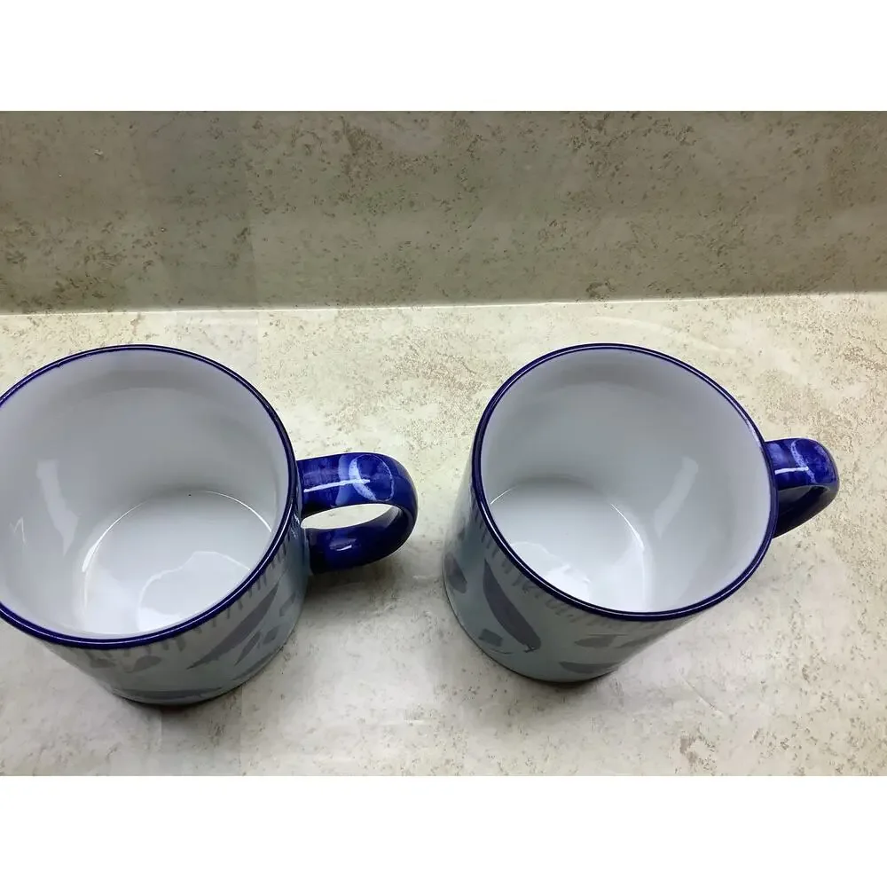 Blue and White Pottery Mug/ Hand Painted Set of 2 - Blue Floral & Leaves Mugs